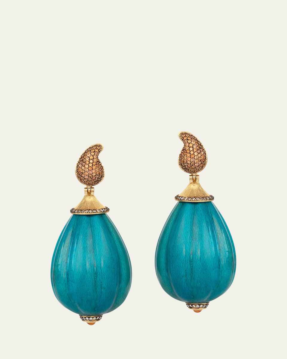 Turquoise Lacquer Marquetry Teardrop Earrings with Diamonds and Orange Sapphires